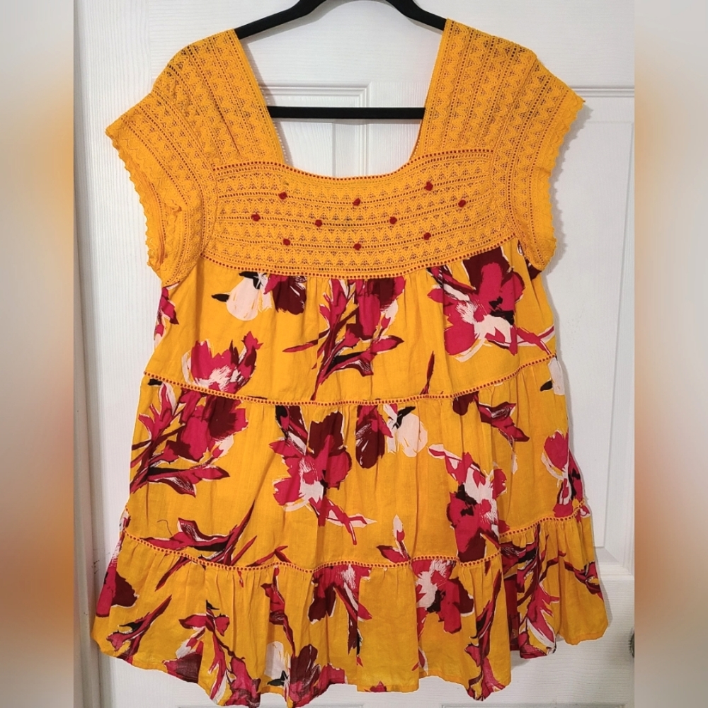 Women Size 14 Summer Tunic Top Crocheted Lace Yellow Gold Floral Cotton Lined